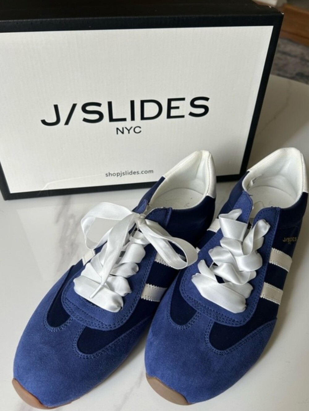 J/SLIDES Navy Blue and White Nylon Luxe Ribbon-Lace Low Profile Sneakers